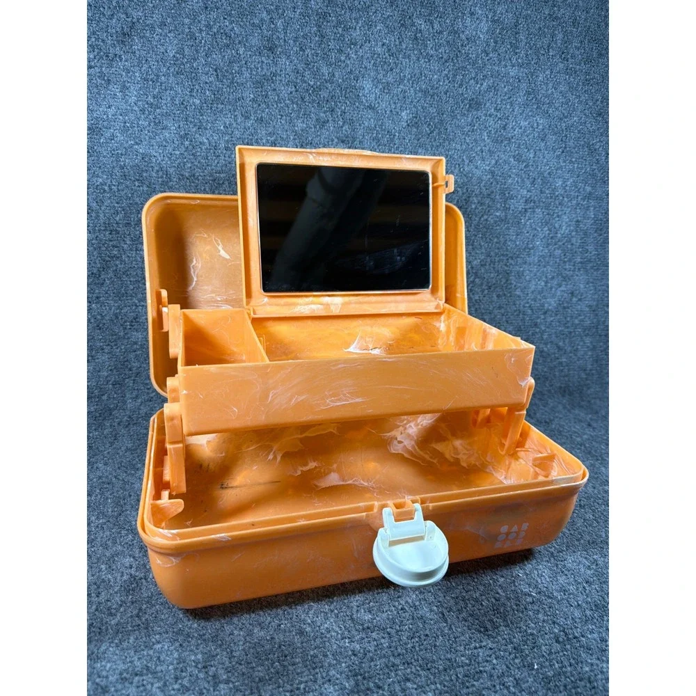 Vintage Caboodles Makeup Case Orange Marbled Organizer Box with Mirror 90s Retro